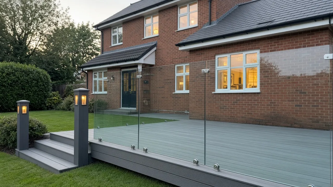 Example image: glass balustrade on a composite deck with post-top lights