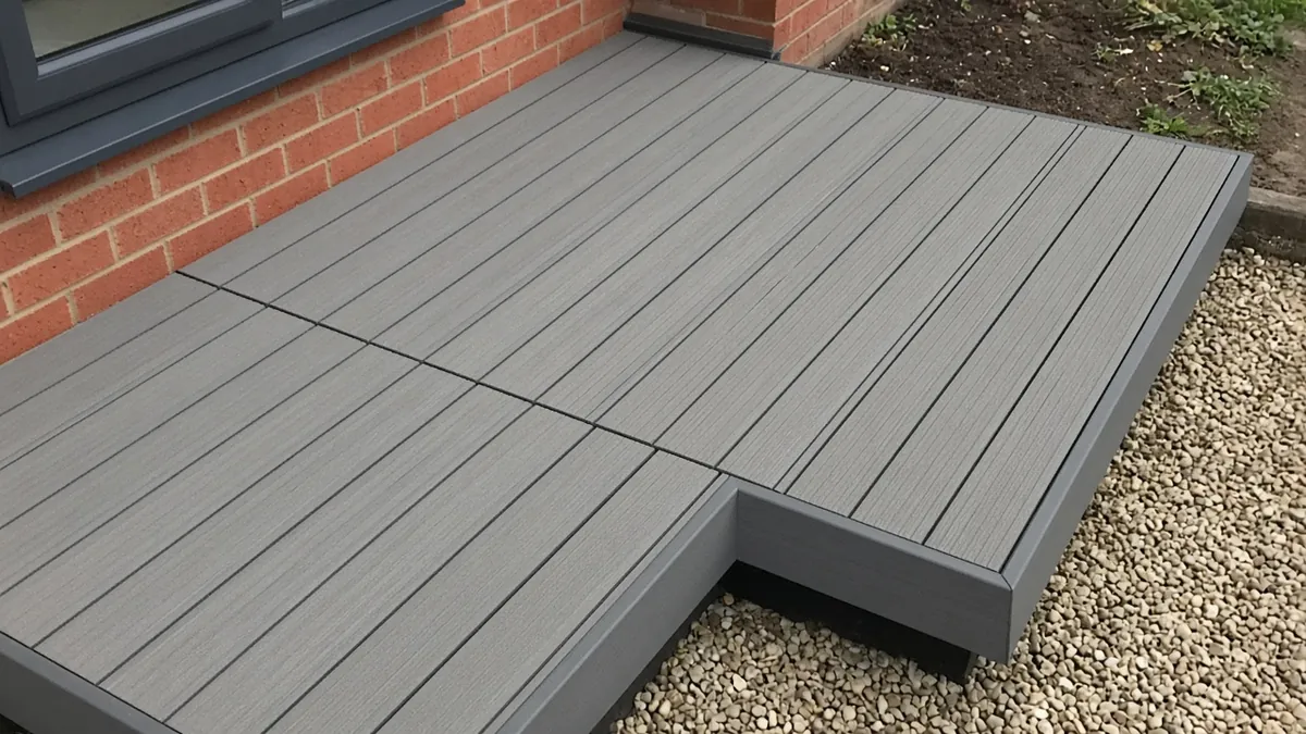 Example image: close view of a composite deck edge with neat board-end gaps over a doubled joist and a mitred fascia corner