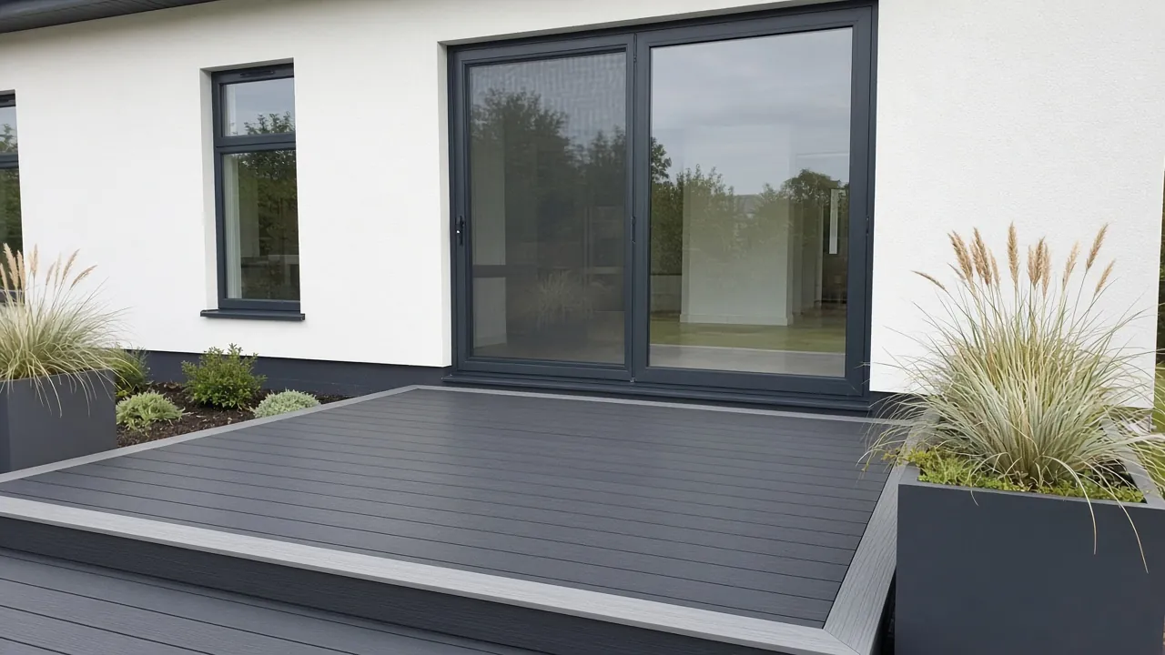 Example image: charcoal composite deck with a lighter border beside a modern house