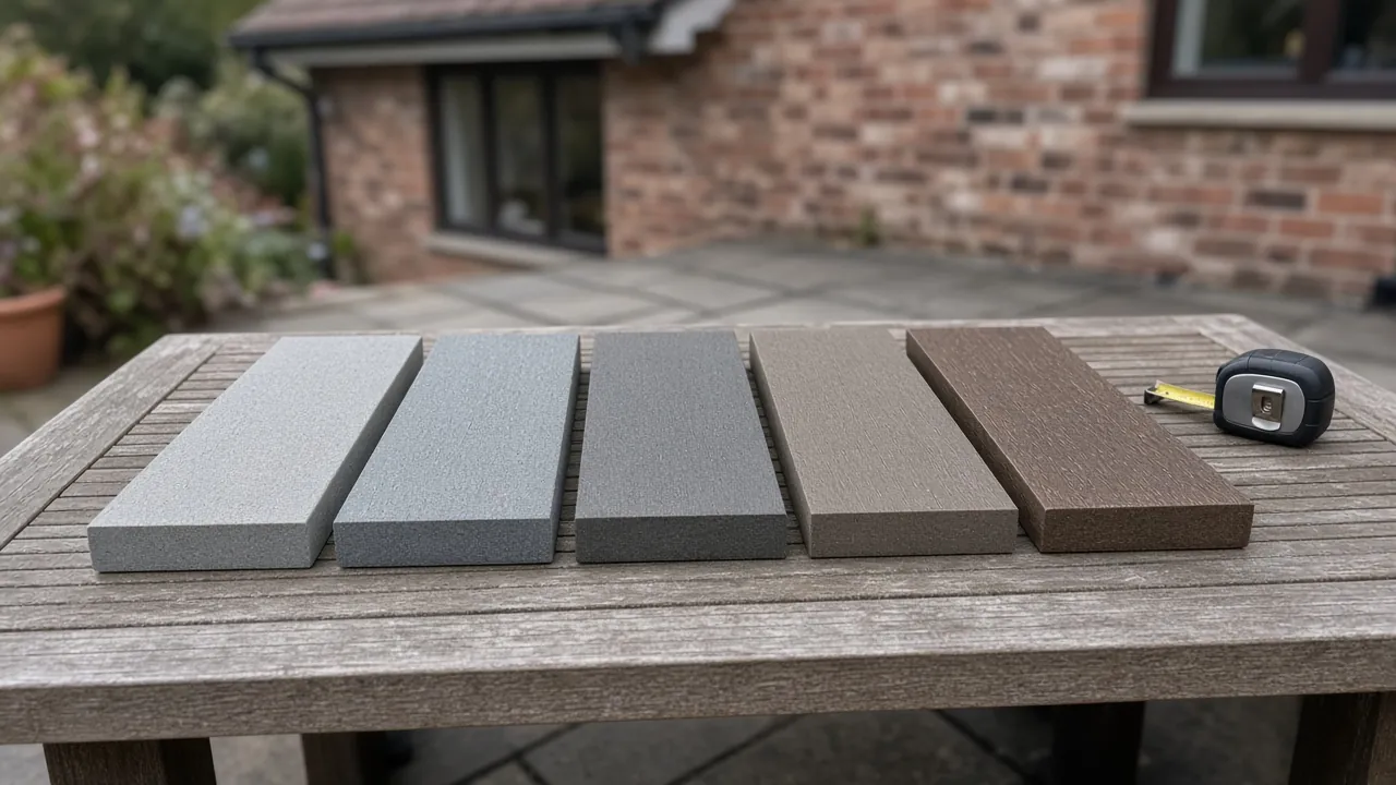 Example image: composite board samples laid on a garden table