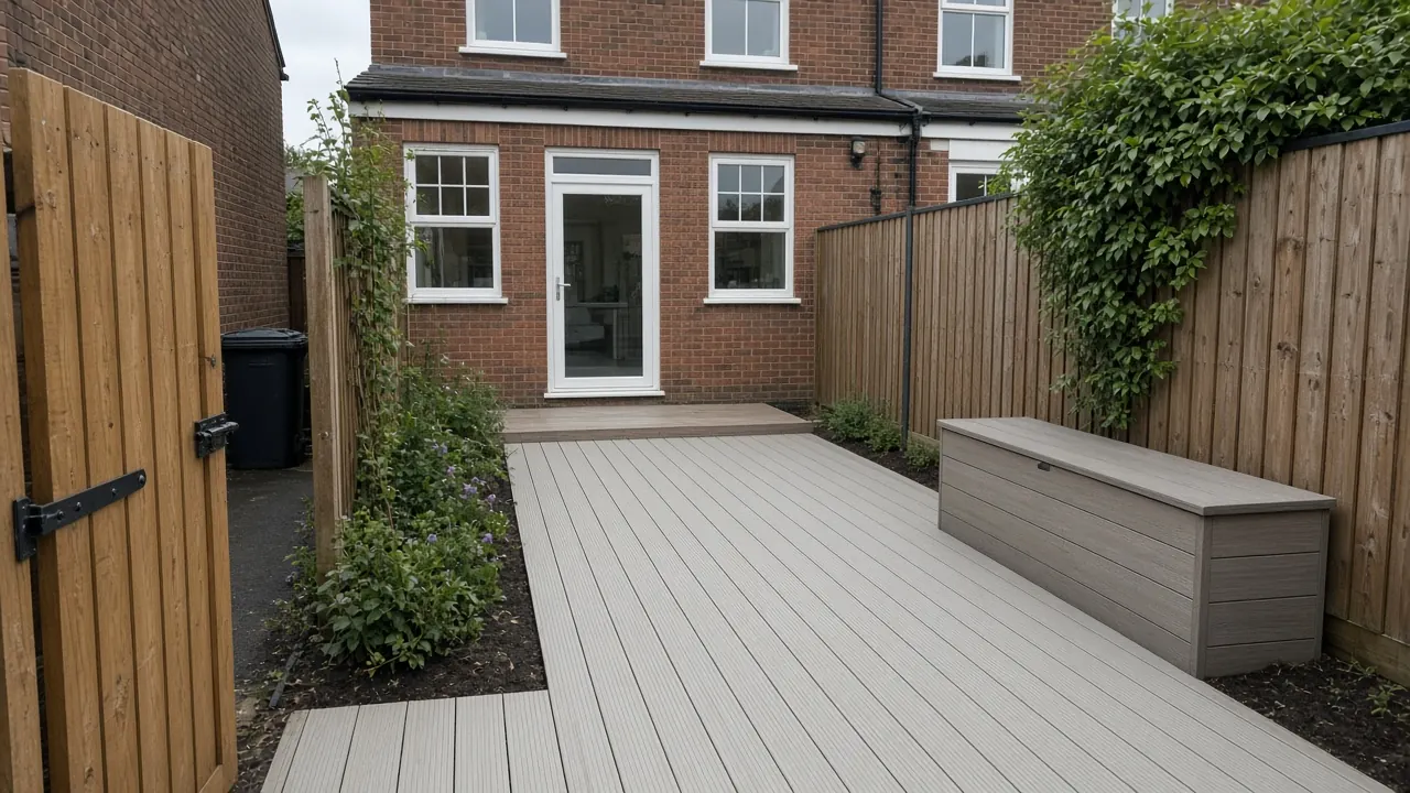 Example image: compact grey composite deck in the back garden of a terraced house in Billingham