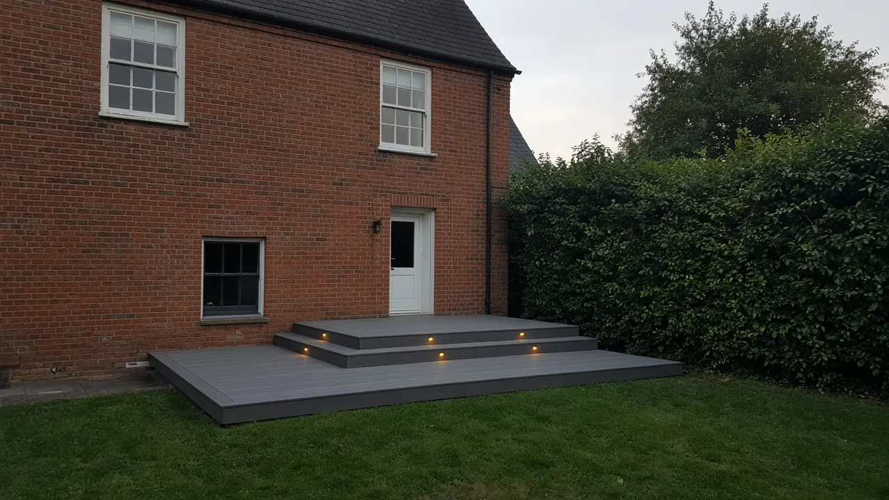 Example image: split-level composite deck with wide steps behind an older house in Eaglescliffe