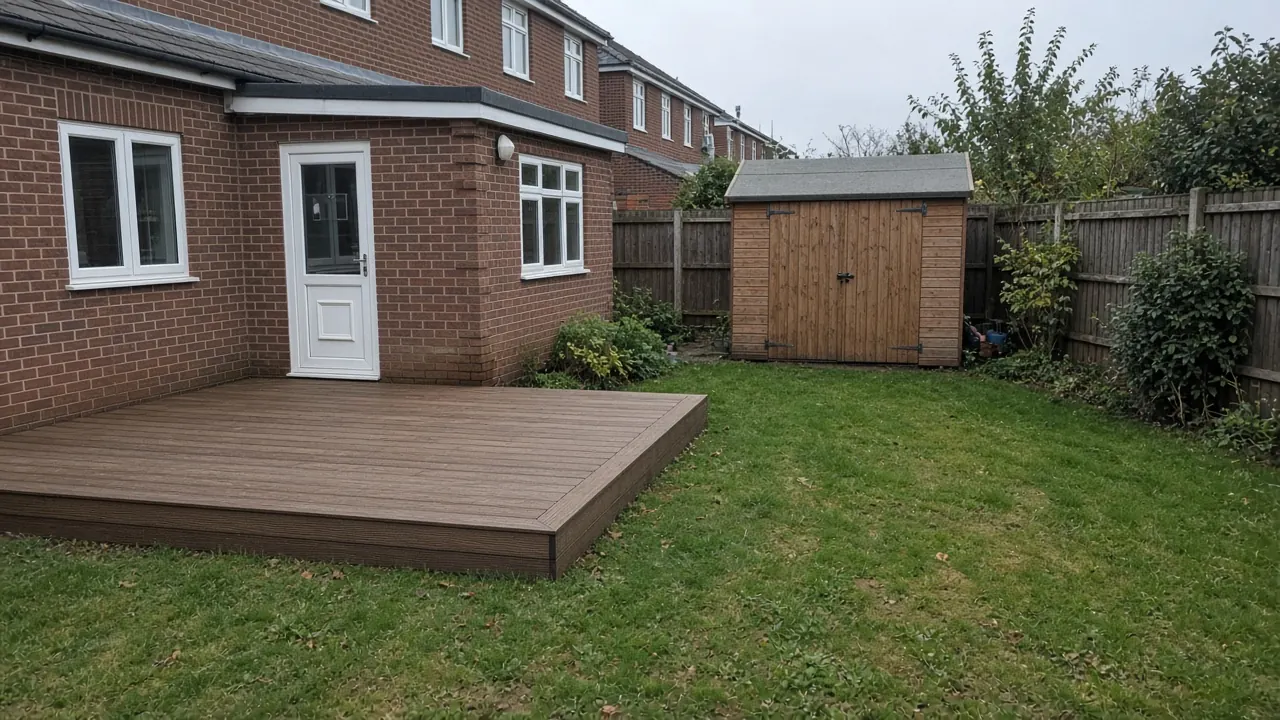Example image: low mid-brown composite deck replacing an old patio behind a brick house in Fairfield