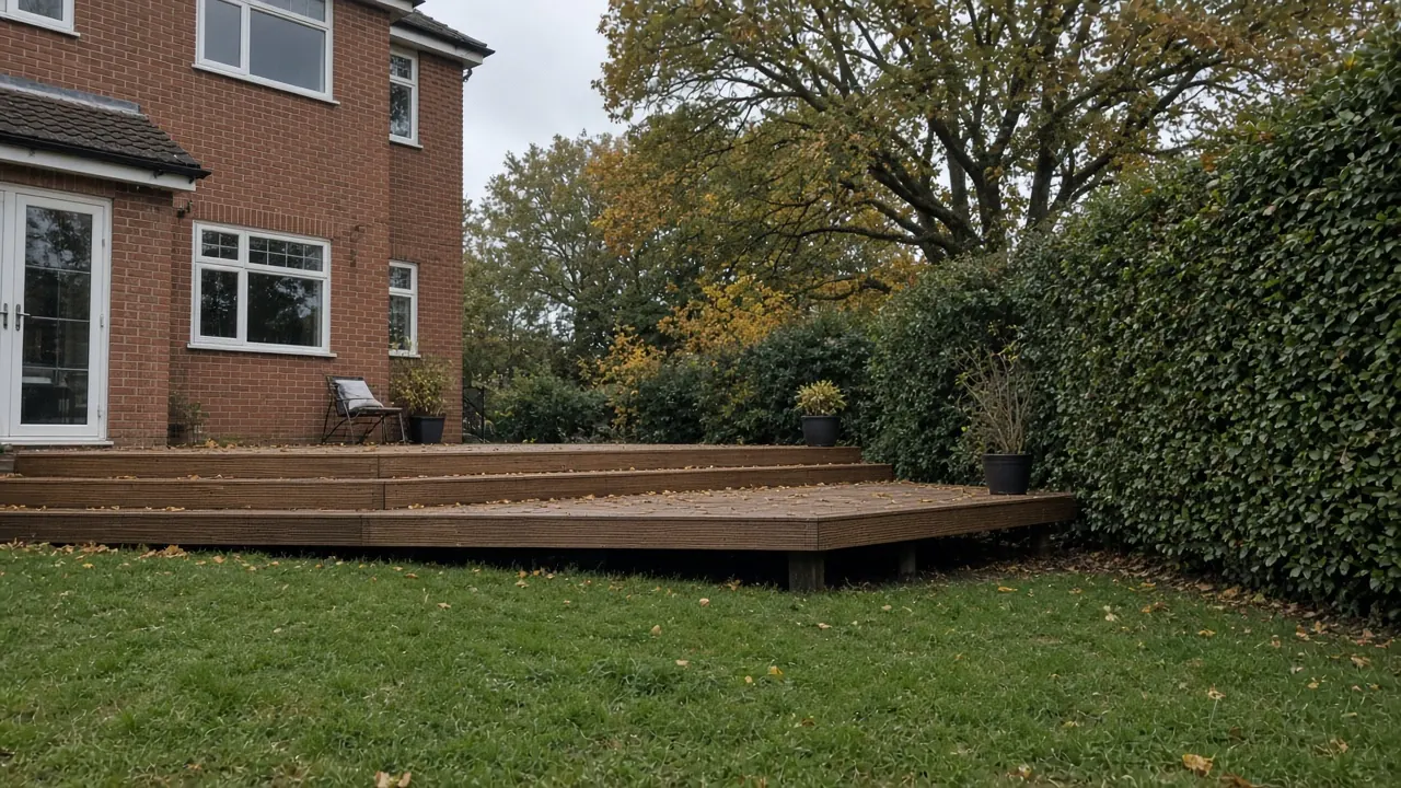 Example image: two-level hardwood deck in a long garden with mature trees behind a brick house in Hartburn