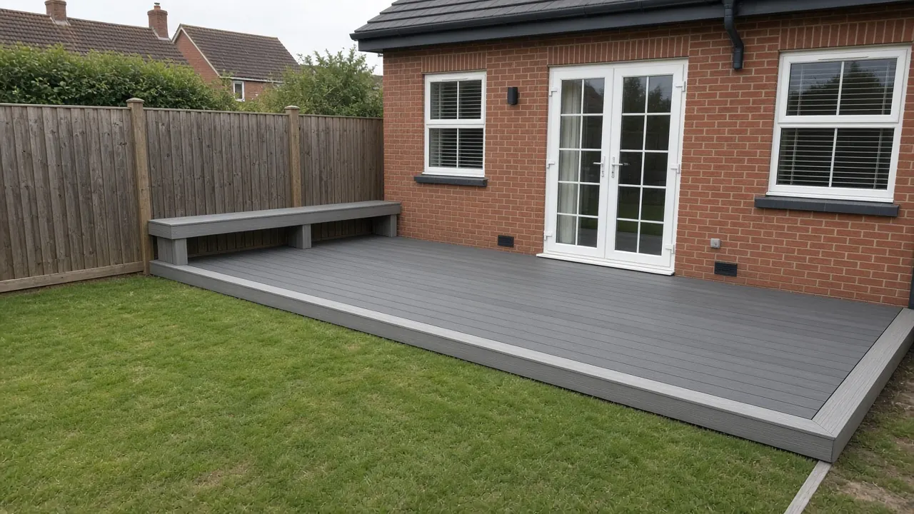 Example image: charcoal composite deck replacing a builder's patio behind a modern detached house in Ingleby Barwick