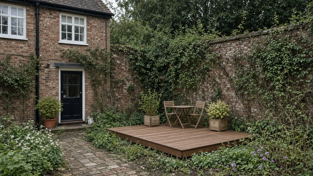 Example image: low freestanding hardwood deck in a walled garden behind an older house in Norton