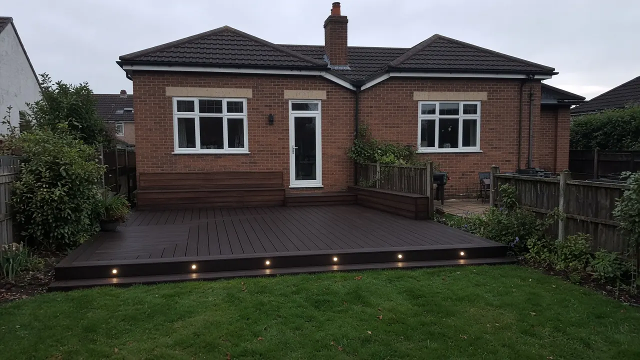 Example image: composite deck with a picture-frame edge and step lights behind a brick bungalow in Thornaby