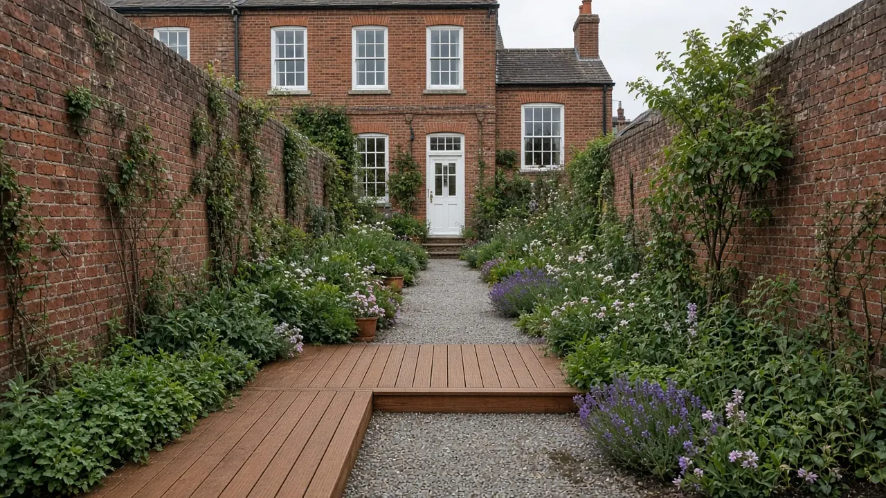 Example image: low hardwood deck in a narrow walled garden behind a Georgian house in Yarm