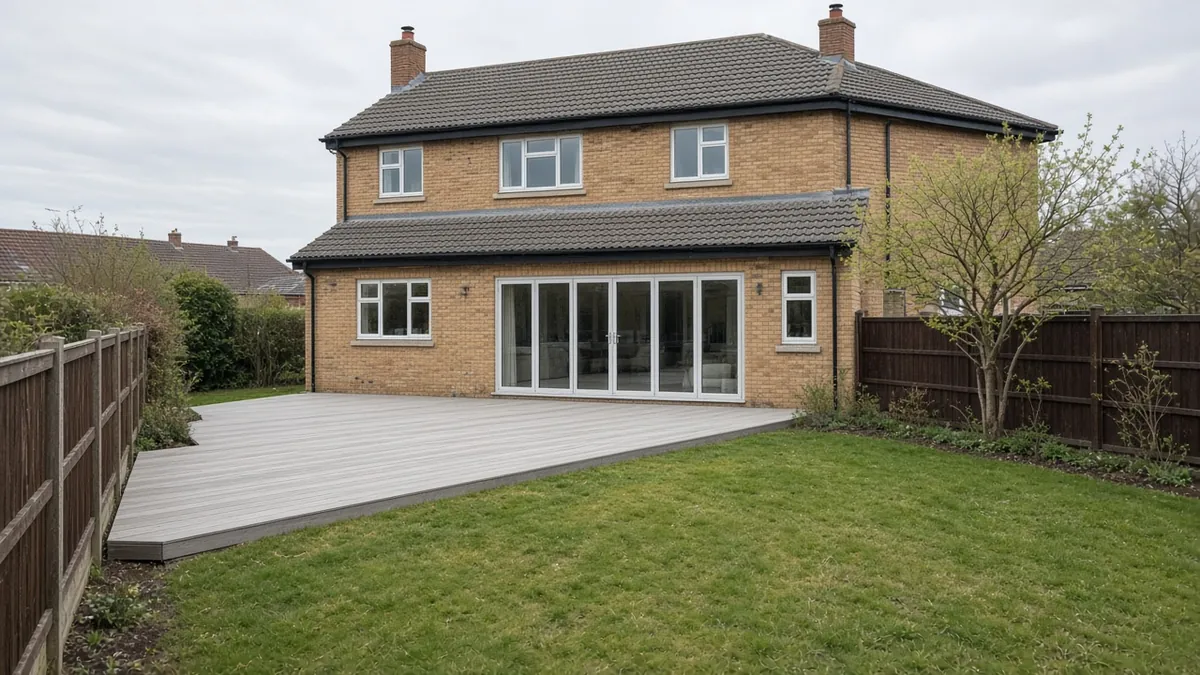 Example image: composite deck laid over an old patio outside a new-build home