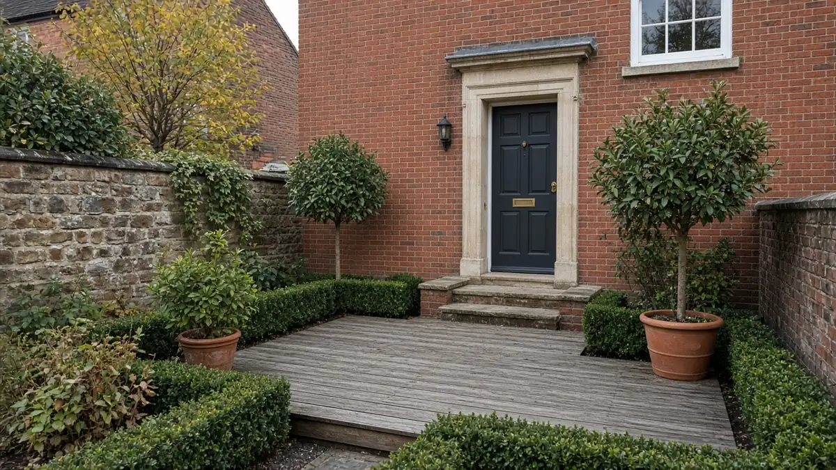 Example image: small hardwood deck in a walled garden behind a Georgian townhouse