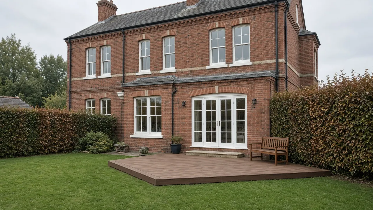 Example image: mid-brown composite deck behind a large Victorian villa with sash windows
