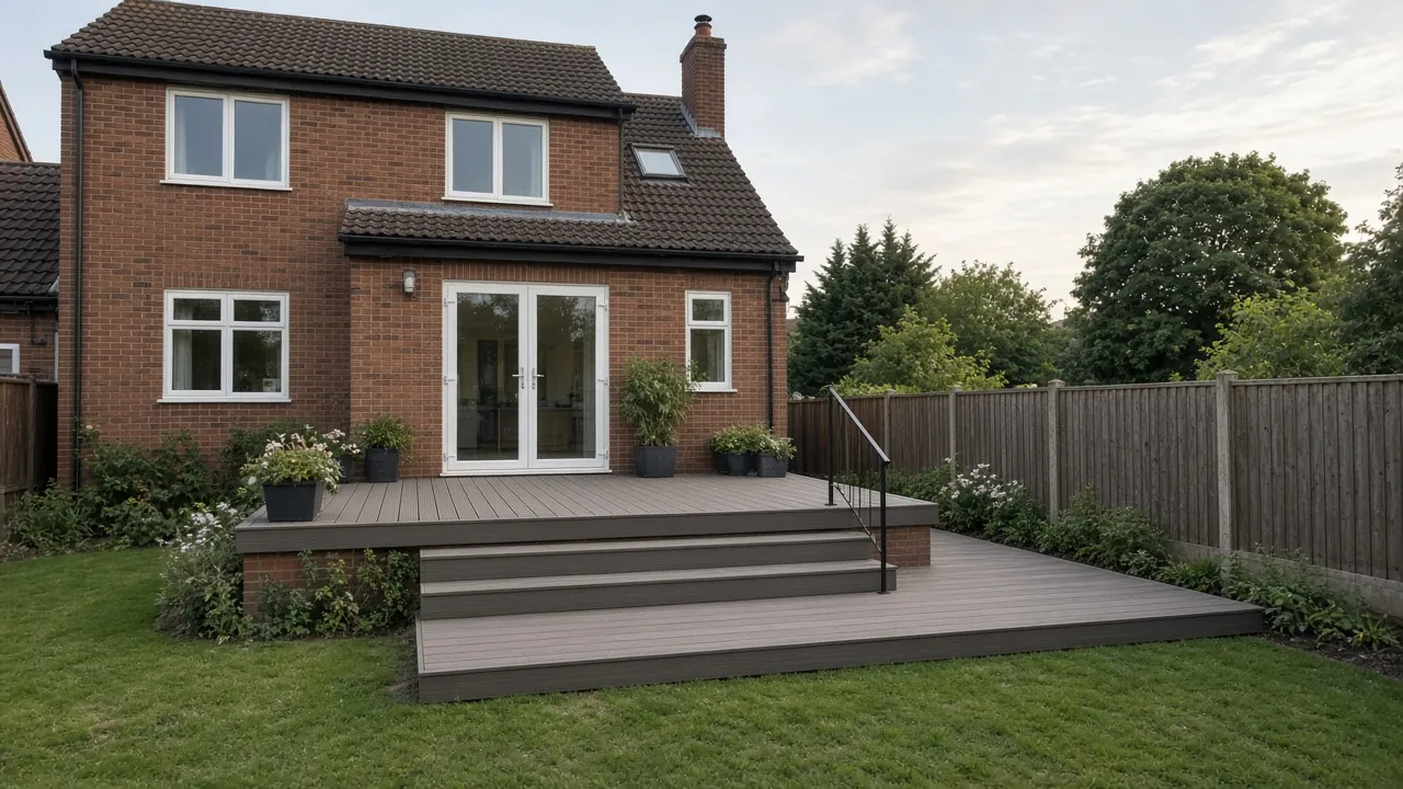Example image: two-level composite deck linking a kitchen and a lower lawn