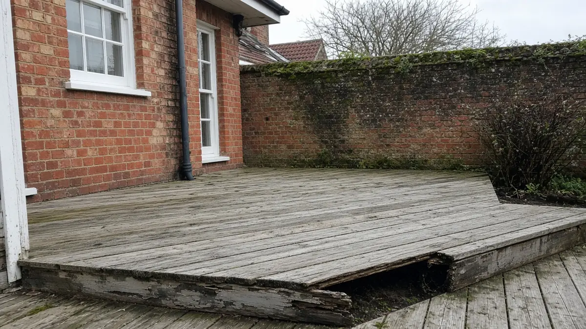 Example image: old softwood deck with cupped boards and one board lifted to show a rotten joist end