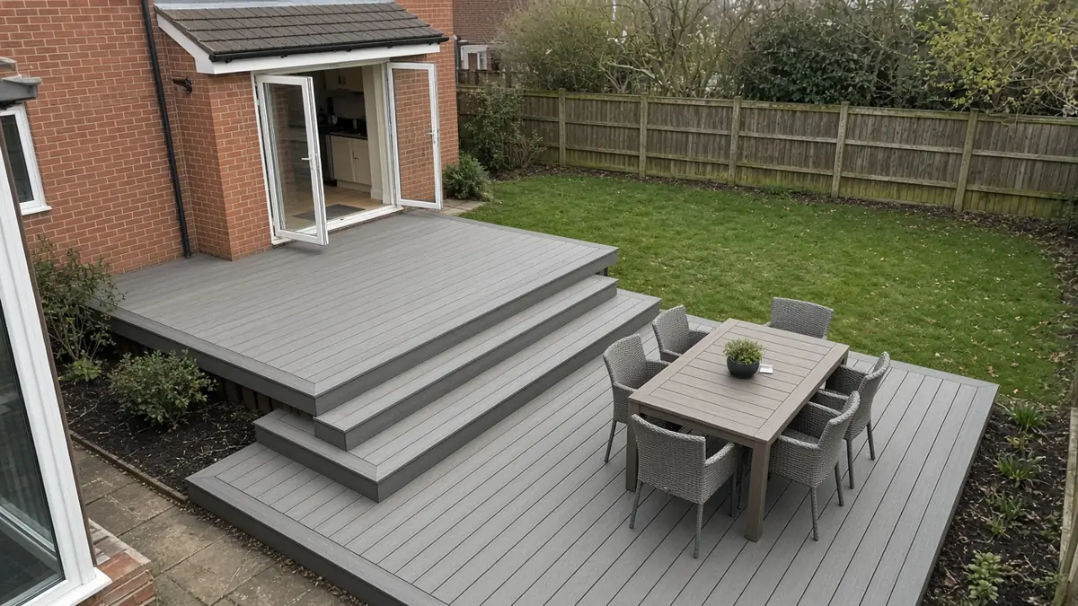 Example image: two-level ash-grey composite deck seen from above behind a 2000s detached house