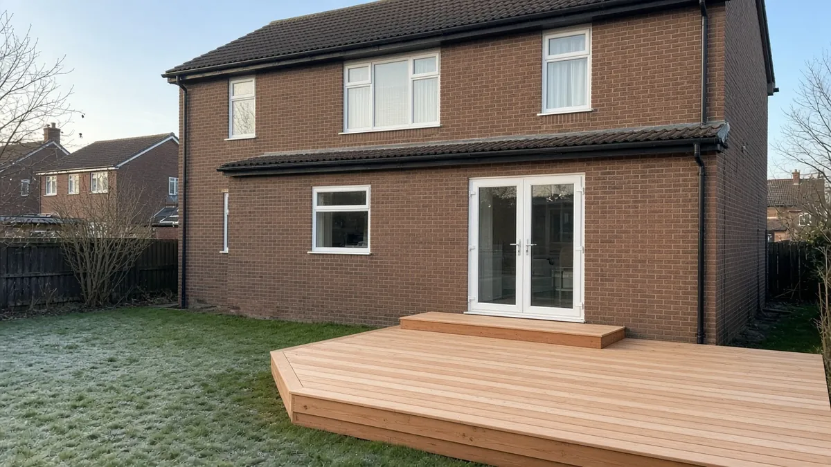 Example image: smooth treated softwood deck with a clear oil finish behind a 1970s brick townhouse in winter light