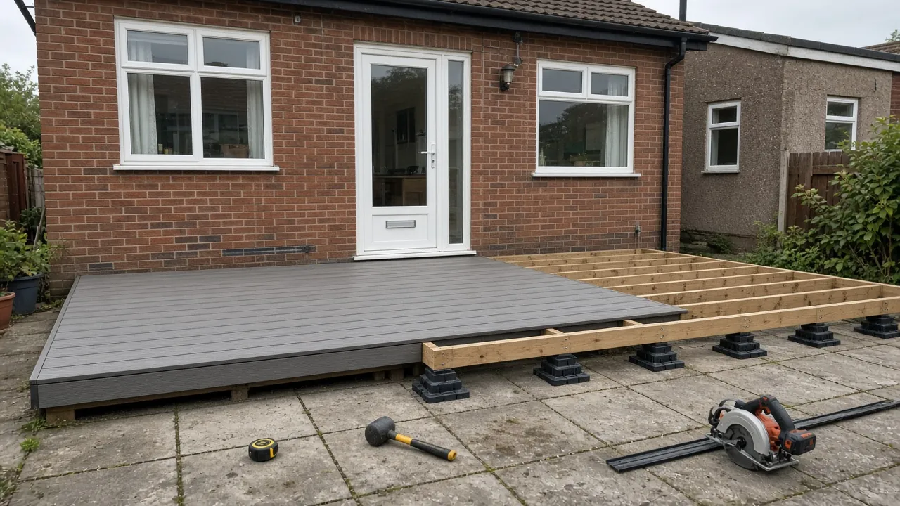 Example image: low composite deck built over an old concrete patio